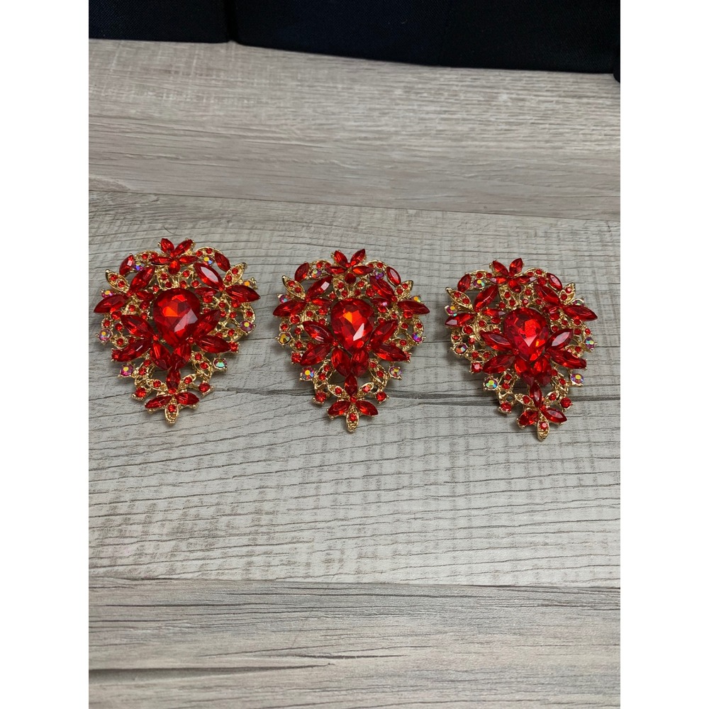 Set of 3 Red Rhinestone Gold Tone Filigree Brooches Floral Heart Crystal Pins